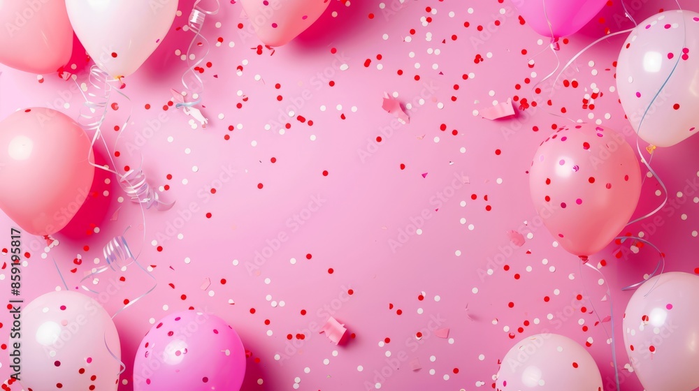 Colorful pink birthday celebration background with balloons, confetti, and streamers Colorful pink birthday celebration background with balloons, confetti, and streamers