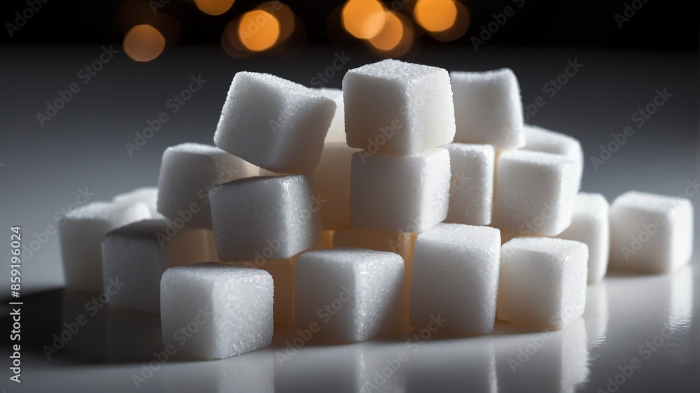 Fototapeta premium bunch of sugar cubes on white table and plain background with dramatic lighting