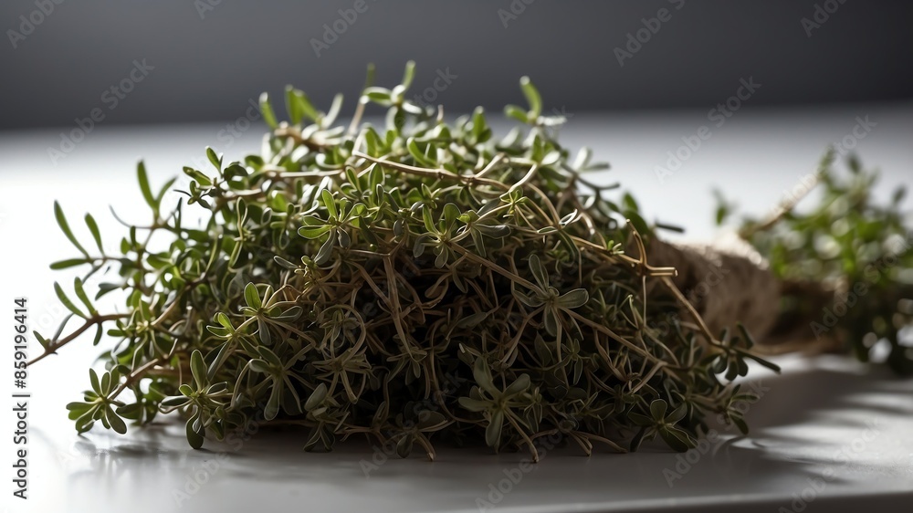 bunch of thyme leaves on white table and plain background with dramatic lighting bunch of thyme leaves on white table and plain background with dramatic lighting