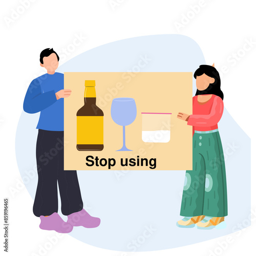 Stop alcoholism. Vector illustration in flat style. A man and a woman are showing a poster 