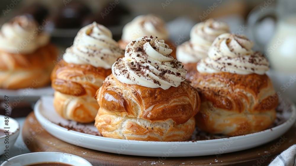 Golden brown, flaky cream puffs are elegantly topped with velvety whipped cream and chocolate shavings, making them irresistible treats, perfect for any dessert enthusiast. Golden brown, flaky cream puffs are elegantly topped with velvety whipped cream and chocolate shavings, making them irresistible treats, perfect for any dessert enthusiast.