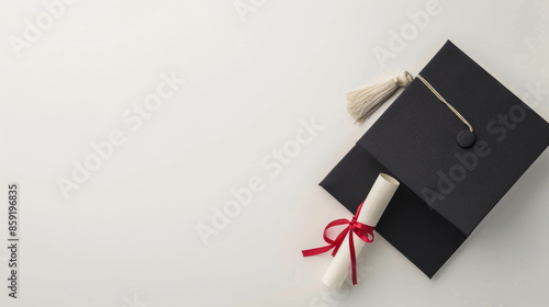 Flat lay concept of college graduation: A mortarboard cap with a diploma placed on a white background.