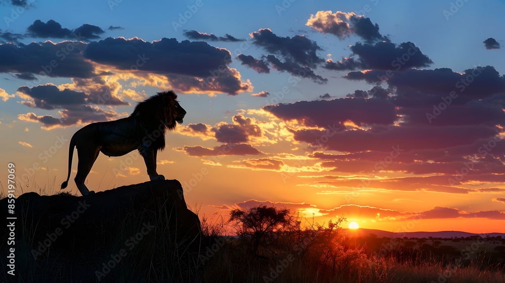African landscape at sunset with silhouette of a big adult lion. African landscape at sunset with silhouette of a big adult lion.