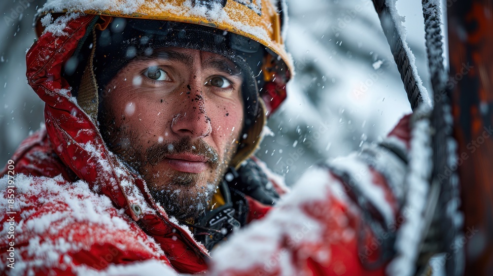 A focused mountaineer wearing red protective gear, navigating through snow and ice with ropes, illustrating the arduous and adventurous nature of mountaineering in extreme conditions. A focused mountaineer wearing red protective gear, navigating through snow and ice with ropes, illustrating the arduous and adventurous nature of mountaineering in extreme conditions.