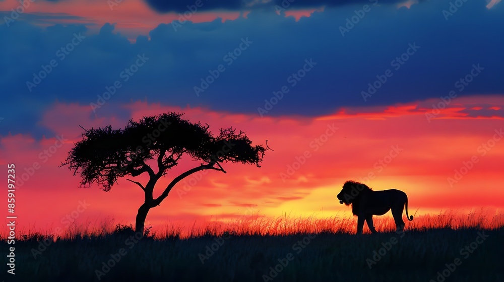 African landscape at sunset with silhouette of a big adult lion. African landscape at sunset with silhouette of a big adult lion.