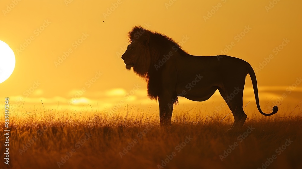 African landscape at sunset with silhouette of a big adult lion. African landscape at sunset with silhouette of a big adult lion.