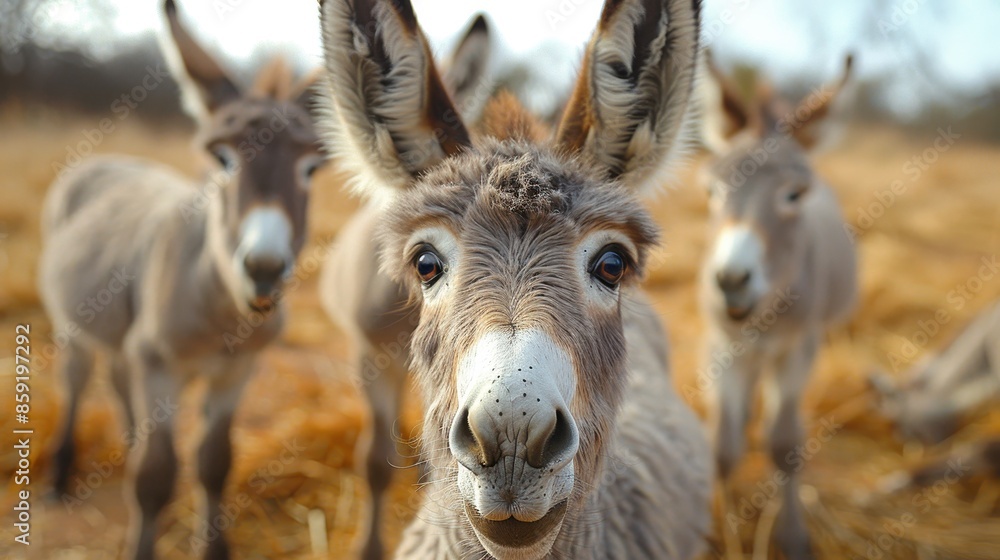 A group of four curious donkeys with their large ears perked, staring directly into the camera in a dry, straw-covered field, capturing a heartwarming scene. A group of four curious donkeys with their large ears perked, staring directly into the camera in a dry, straw-covered field, capturing a heartwarming scene.