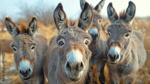 A charming group of donkeys closely huddled together in a natural setting, showing their curiosity and camaraderie, perfectly capturing their expressions in a rustic environment.