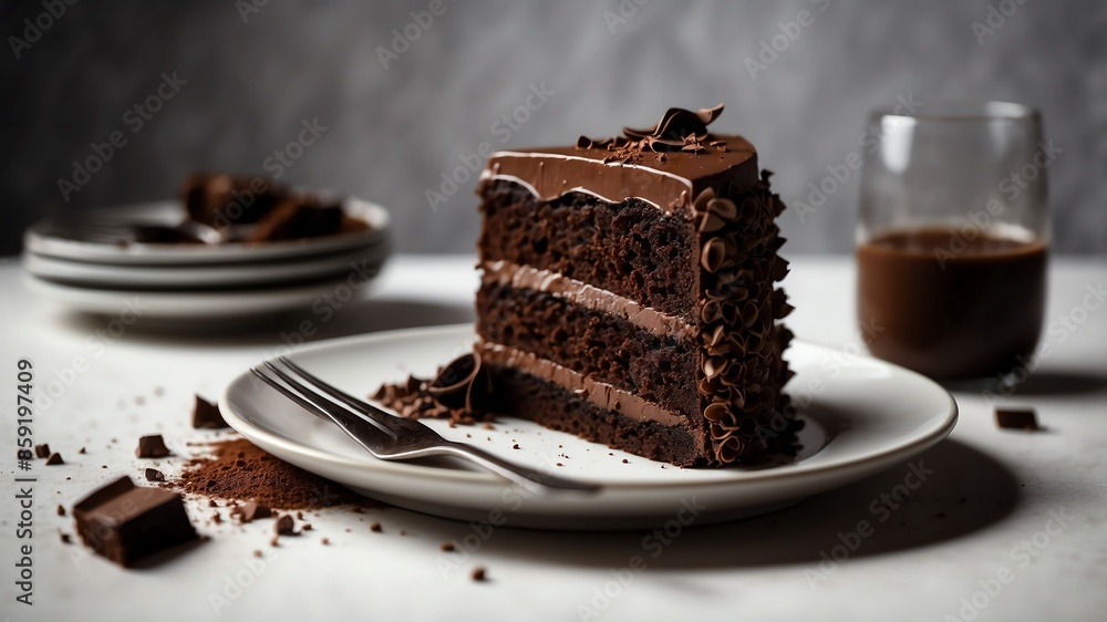 chocolate cake on plate on white table and plain background with dramatic lighting chocolate cake on plate on white table and plain background with dramatic lighting
