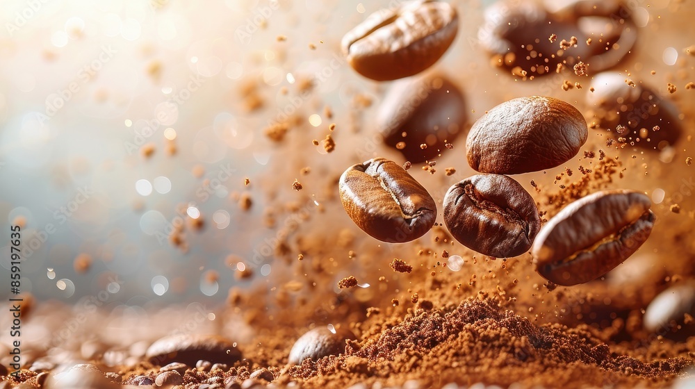 Floating coffee beans against a blurred, bokeh-style background, emphasizing the texture and identity of each bean, creating a vibrant and modern display. Floating coffee beans against a blurred, bokeh-style background, emphasizing the texture and identity of each bean, creating a vibrant and modern display.