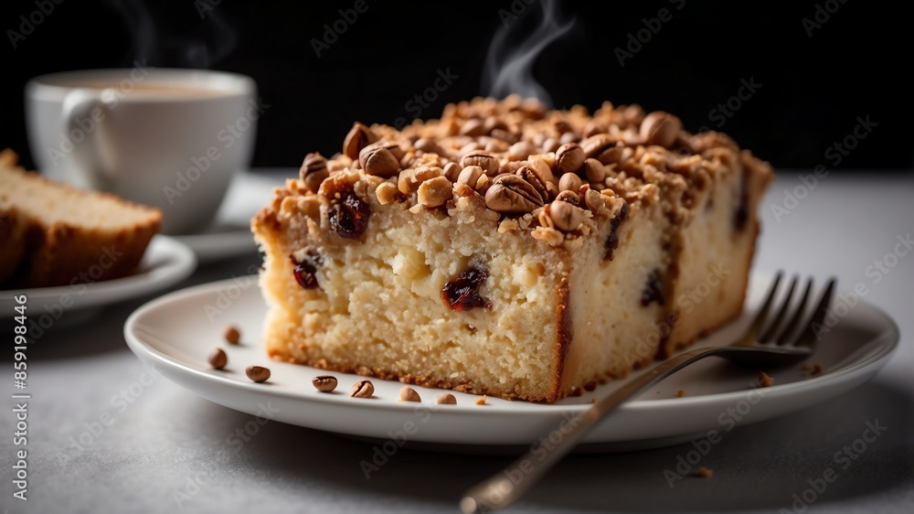 classic coffee cake on white table and plain background with dramatic lighting classic coffee cake on white table and plain background with dramatic lighting