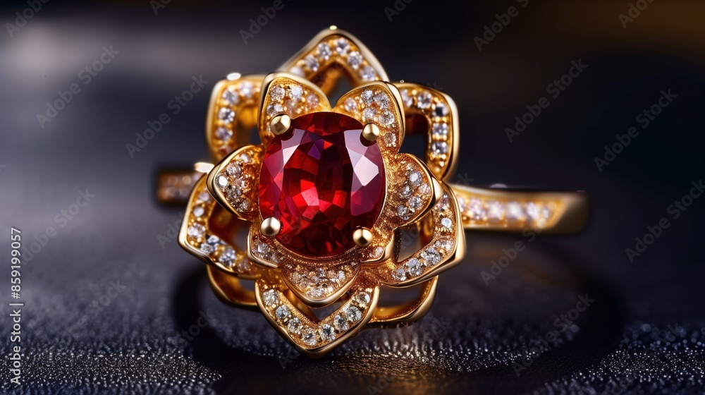This intricately designed ruby ring features a central red gemstone with multiple layers of diamonds arranged artistically around it, set against a dark background. This intricately designed ruby ring features a central red gemstone with multiple layers of diamonds arranged artistically around it, set against a dark background.