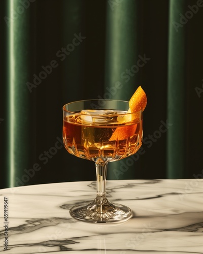 A close-up shot highlighting a beautifully crafted cocktail served in an elegant glass, adorned with an orange peel garnish, set against a luxurious green velvet curtain.