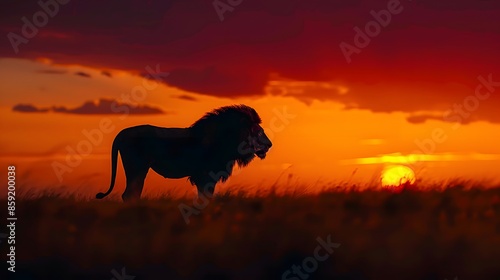 African landscape at sunset with silhouette of a big adult lion.  © Berkah