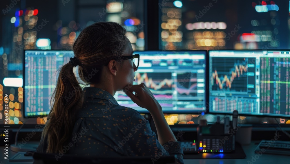 Woman Analyzes Financial Data on Multiple Monitors in a Modern Office Woman Analyzes Financial Data on Multiple Monitors in a Modern Office