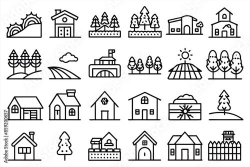 countryside and landscape icon set. editable stroke outline icons set. vector illustration.