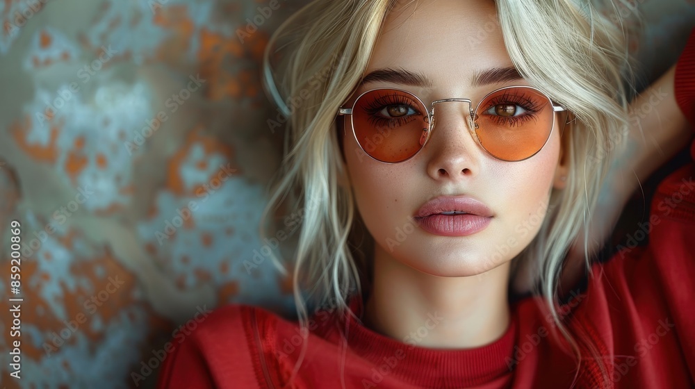 A young woman in orange glasses strikes a dramatic pose against a textured background, showcasing a modern and edgy fashion aesthetic. A young woman in orange glasses strikes a dramatic pose against a textured background, showcasing a modern and edgy fashion aesthetic.