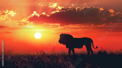 African landscape at sunset with silhouette of a big adult lion.  © Berkah