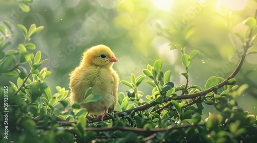 Springtime chick perched in greenery