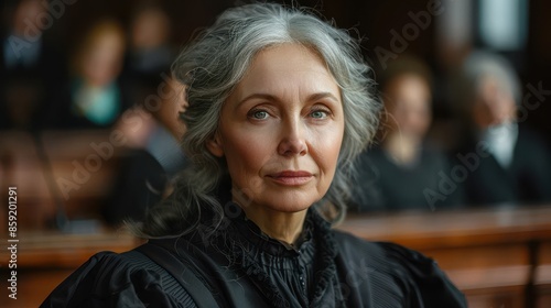 Wallpaper Mural A stern gray-haired woman wearing black historical clothing is seated in a courtroom, radiating severity and the weight of her solemn responsibility. Torontodigital.ca