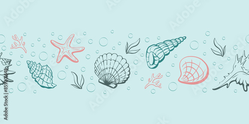 Seamless underwater sea world pattern with shells and bubbles. Clam loopable pattern can be used for wrapping paper, fabric, textile, print, background, borders, templates, cards, social media and web