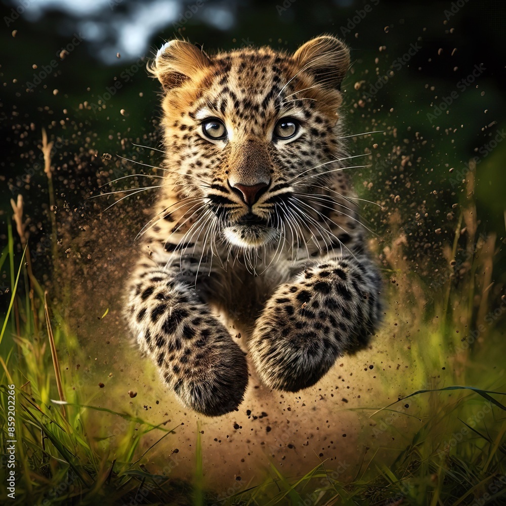 Obraz premium High-speed photography of a leopard Jumping in the tall grass, motion blur and a fast shutter speed