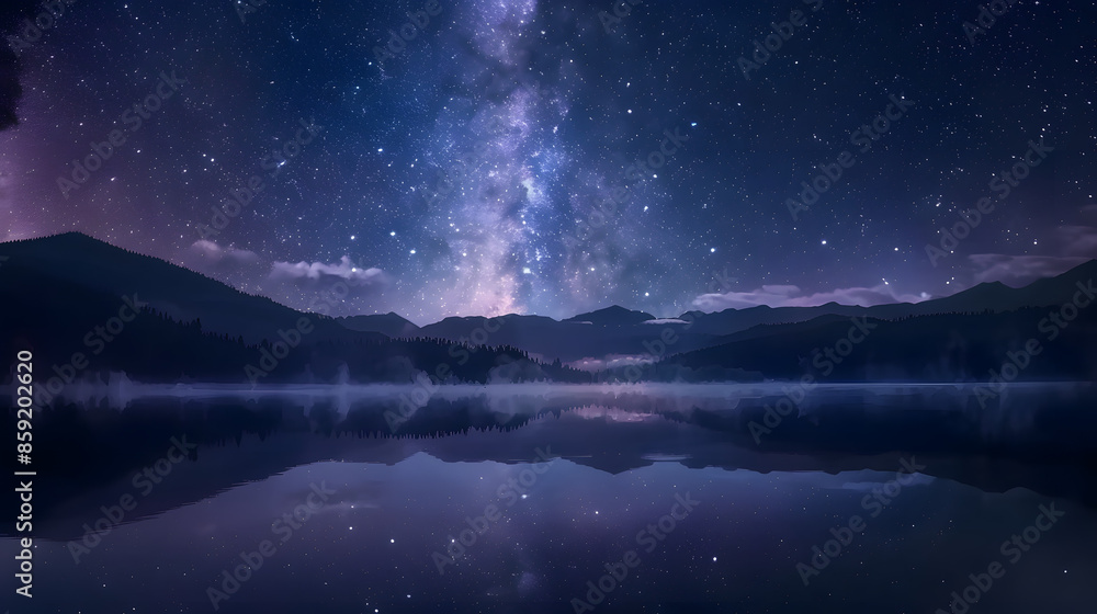 stary night with bright milky way on the lake and mountains landscape with small foggy atmospheric with reflection
stary night with bright milky way on the lake and mountains landscape with small foggy atmospheric with reflection