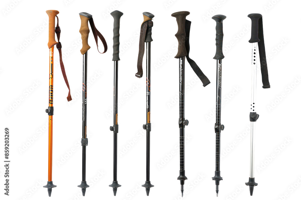 A collection of various hiking poles lined up in a row, showcasing different designs and colors on a white background. A collection of various hiking poles lined up in a row, showcasing different designs and colors on a white background.