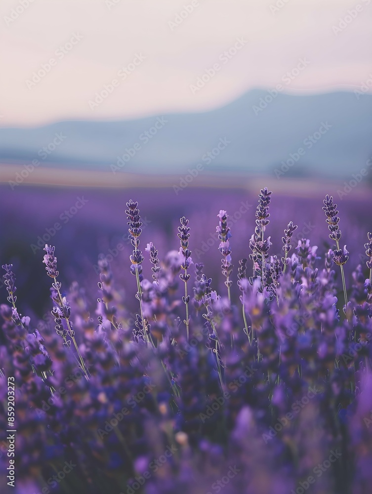 Obraz premium Field of lavender at dusk, with rows of purple blooms in focus and the hazy silhouettes of distant mountains in the background
