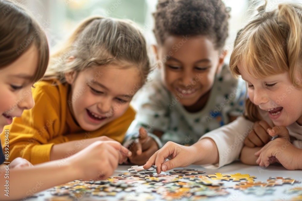 Fototapeta premium Happy Children Solving Jigsaw Puzzle Together - Teamwork, Fun, and Learning