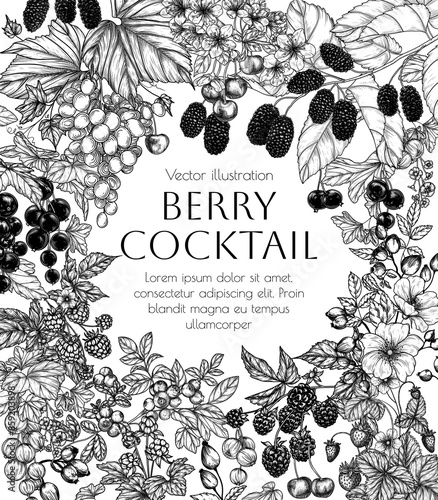 Vector frame berry cocktail. Cherries, grape, rose hips, raspberries, blackberries, cloudberries, lingonberries, blueberries, mulberry , currant, strawberry
