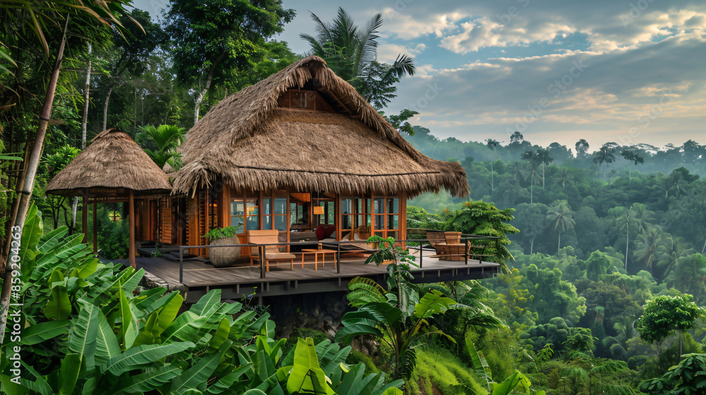 Hut perched on tree in jungle. Generative by AI Hut perched on tree in jungle. Generative by AI