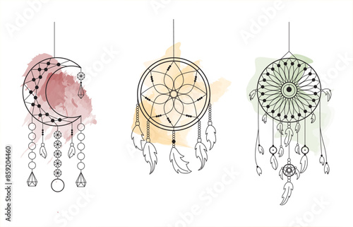 Set of dream catchers in circle, moon shapes with feathers in one line style isolated on white background with red, yellow, green watercolors for icons, stickers, posters, wallpapers	