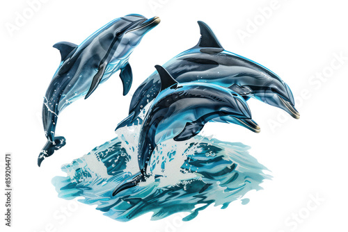 Wallpaper Mural Three dolphins leaping out of the water in unison, capturing the grace and fluidity of their movement against a white background. Torontodigital.ca