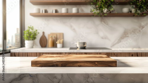 An empty, beautiful round wooden tabletop counter in a clean and bright kitchen interior background. Ideal for display, banners, and product montages.