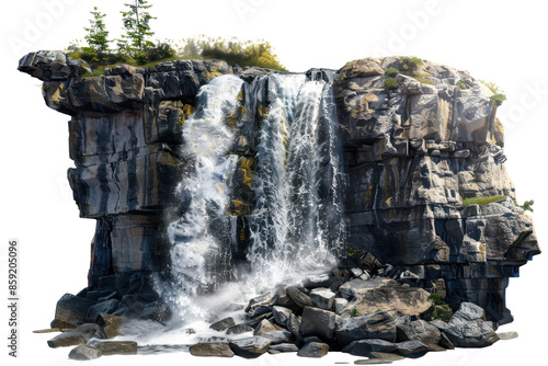 Stunning waterfall cascading over rocky cliffs surrounded by lush greenery, captured in high-definition for nature and landscape photography. photo