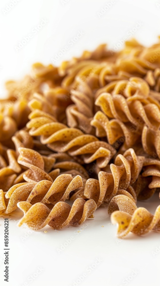 Close-up of whole wheat fusilli pasta on white background, food concept Close-up of whole wheat fusilli pasta on white background, food concept