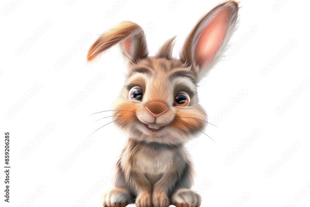 Cute animated bunny with big ears and a friendly smile, sitting and looking forward on a white background. Cute animated bunny with big ears and a friendly smile, sitting and looking forward on a white background.