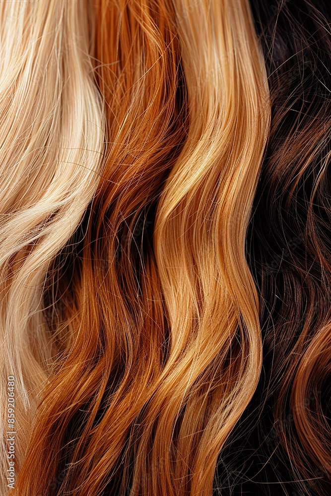 Fototapeta premium Close-up of diverse hair strands in various shades of blonde, brown, and auburn, highlighting texture and color differences.