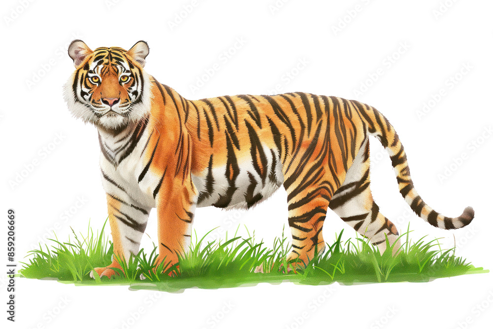 Fototapeta premium A majestic tiger stands confidently on the green grass, showcasing its vibrant orange and black stripes.