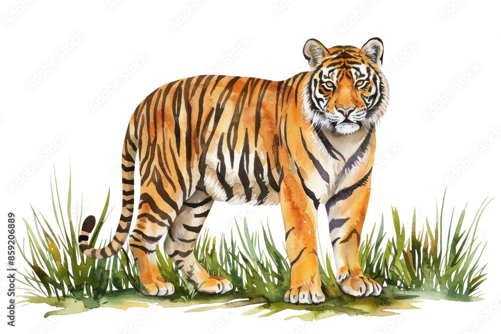 Naklejka premium Beautiful watercolor painting of a majestic tiger standing in a grassy field, showcasing its vibrant orange coat and striking black stripes.