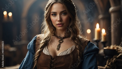 female merchant character on medieval fantasy background