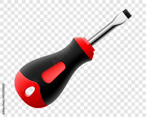 Flat head screwdriver isolated on transparent background. Black and red long screwdrivers. Metal tool for Home Repairs and Mechanical Work. Realistic 3d vector illustration.