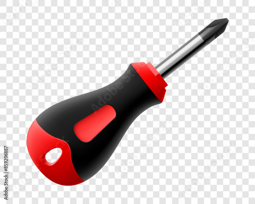 Phillips screwdriver isolated on transparent background. Black and yellow short screwdrivers. Metal tool for Home Repairs and Mechanical Work. Realistic 3d vector illustration.