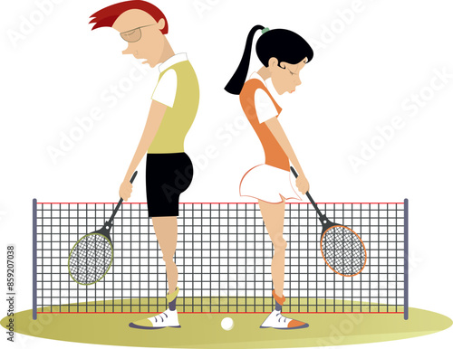 Tennis court. Quarrel between players. 
Upset young man and woman standing back to back with down hands on the tennis court

