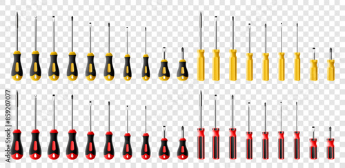 Big set of screwdrivers isolated on transparent background. Black and red long and short screwdrivers. Metal tool for Home Repairs and Mechanical Work. Realistic 3d vector illustration.