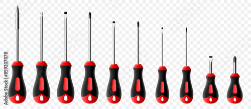 Set of screwdrivers isolated on transparent background. Black and red long and short screwdrivers. Metal tool for Home Repairs and Mechanical Work. Realistic 3d vector illustration.