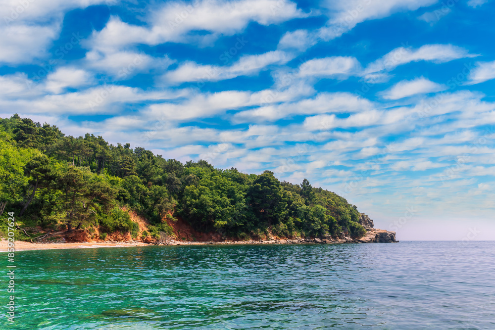 Obraz premium scenic summer landscape of beautiful sea shore with water vawes in bay, green forest on isle rock and nice cloudy sky on background