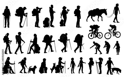 People silhouettes. Tourists with backpacks, hikers, cyclists, children with pets. Vector illustration	
