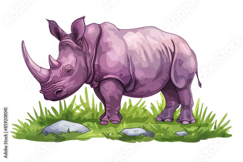 Illustration of a purple rhino standing on green grass with rocks, showcasing a unique and colorful take on wildlife art.
